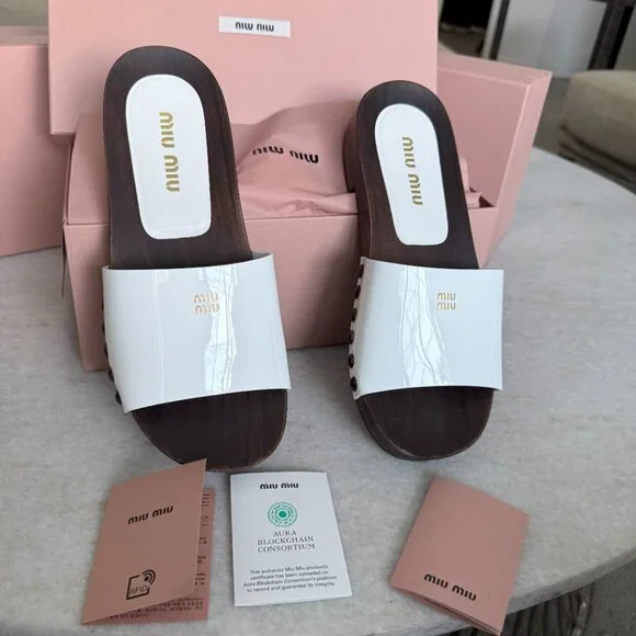 MIU MIU 5Z425E White Patent Leather Wooden Clogs Sandals, sz 38 - Picture 6 of 16